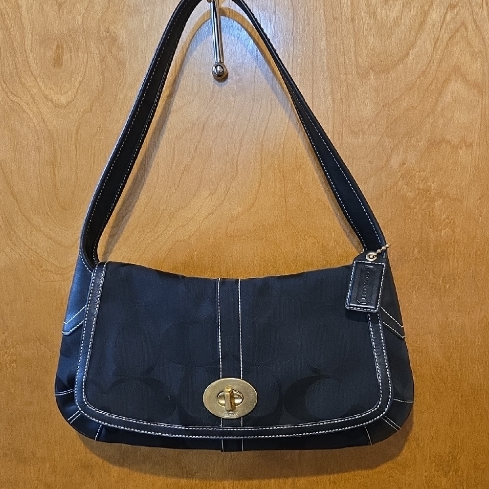Coach Turn Lock Black Shoulder Bag - Large Signature C's Canvas